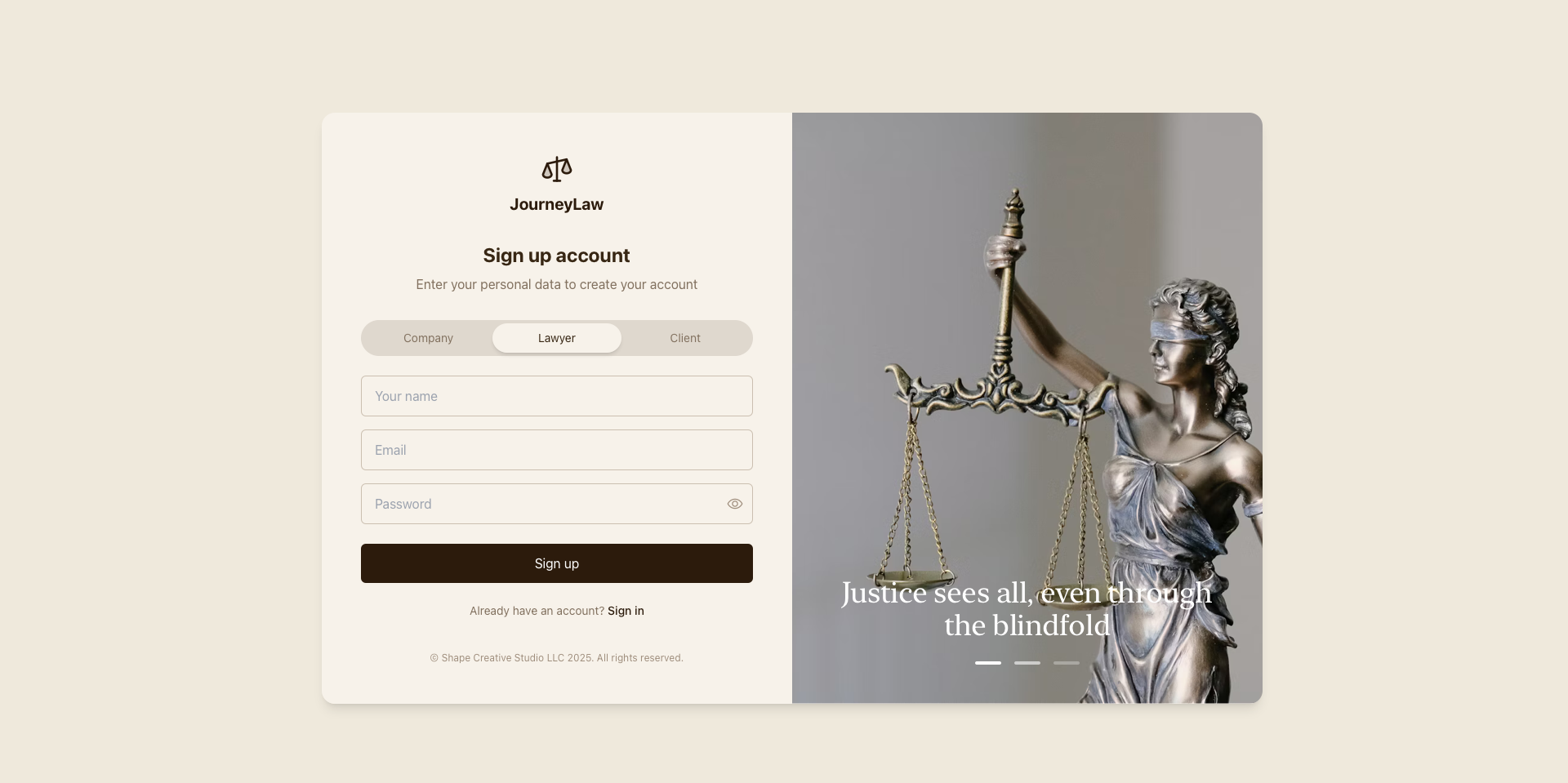 JourneyLaw Sign Up Screen - Onboarding for Companies, Lawyers, and Clients